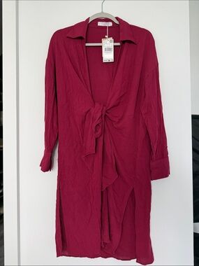 Mango Fuchsia Tie-Front Long Cardigan